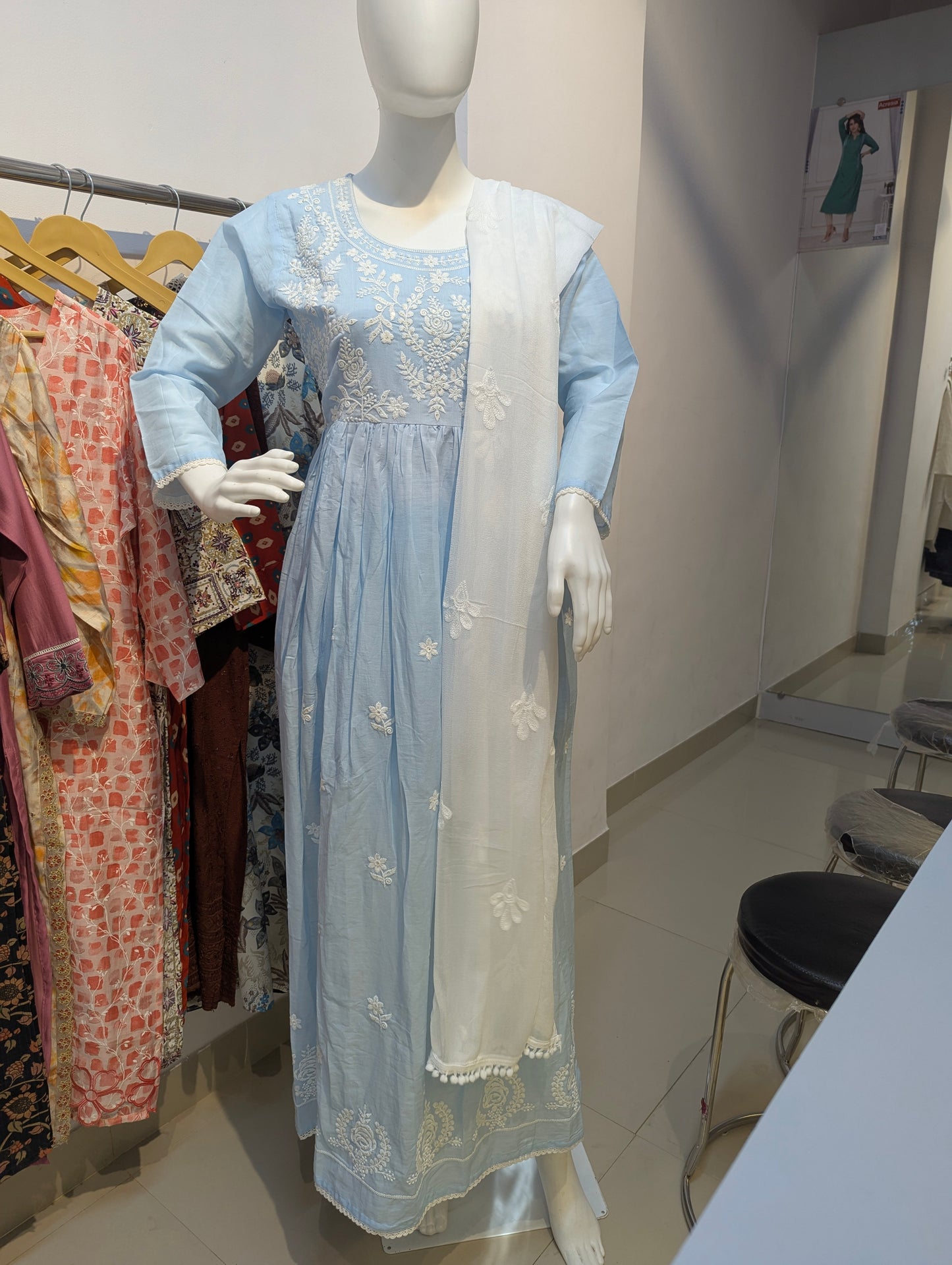 Front view of light blue cotton kurta set with white embroidery and matching dupatta