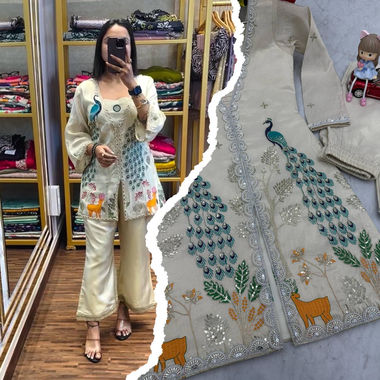 Woman wearing a cream ethnic co-ord set with heavy embroidery, peacock and deer designs, and shimmer silk fabric

