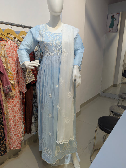 Front view of light blue cotton kurta set with white embroidery and matching dupatta