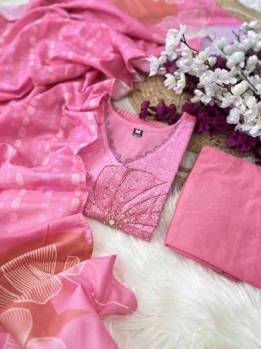 Pink Shifli Linen embroidered suit set with dupatta and bottom