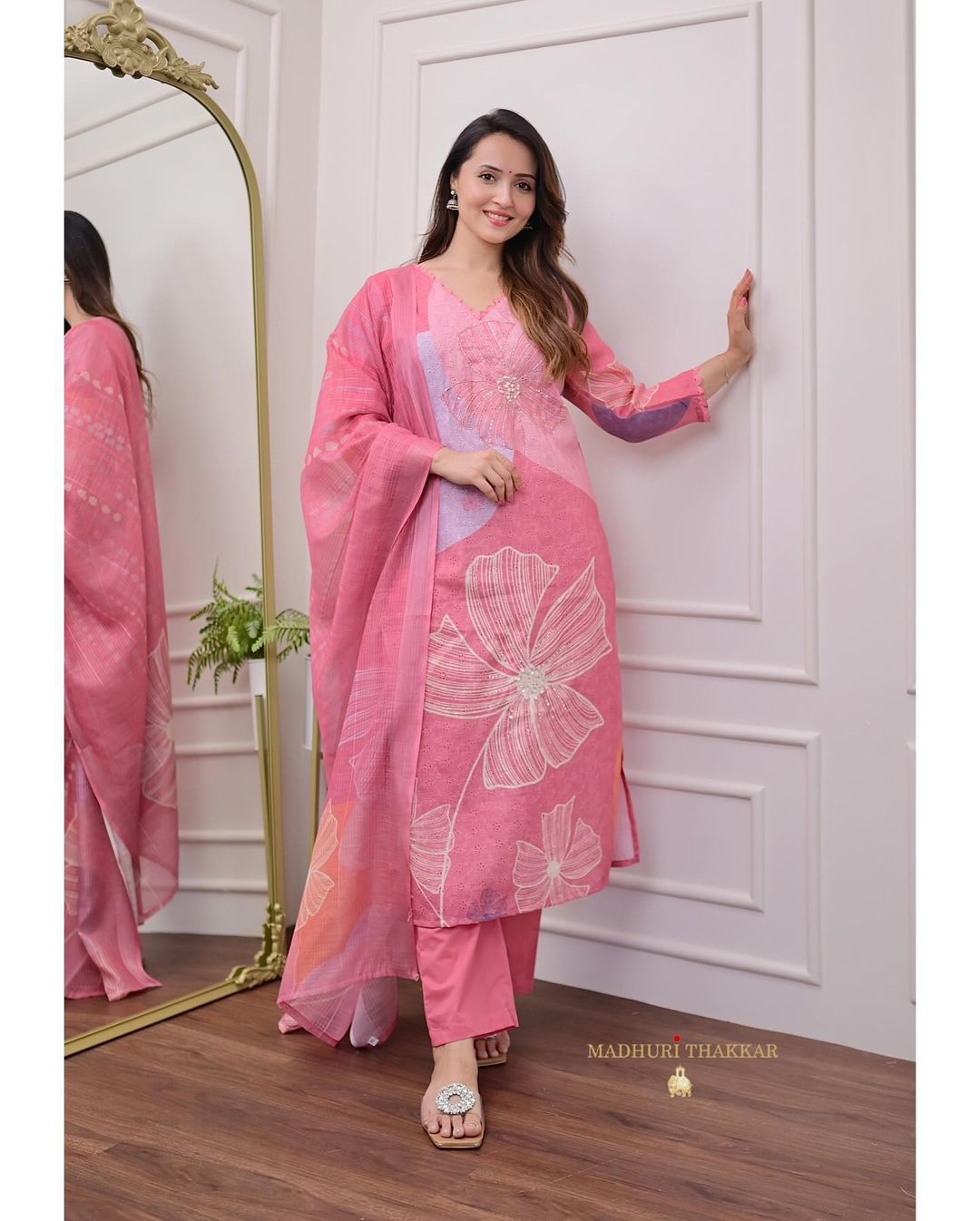 Full view of Pink Shifli Linen embroidered suit set with digital printed dupatta