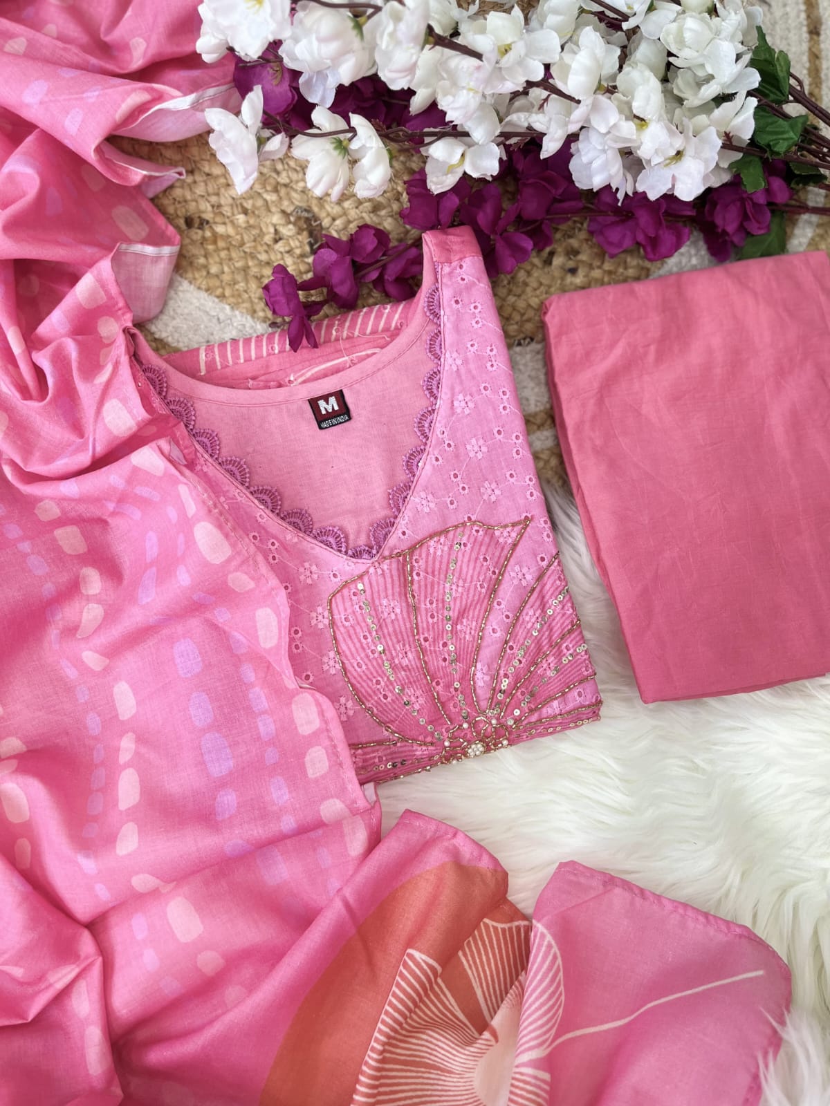 Pink Shifli Linen embroidered suit set with dupatta and bottom