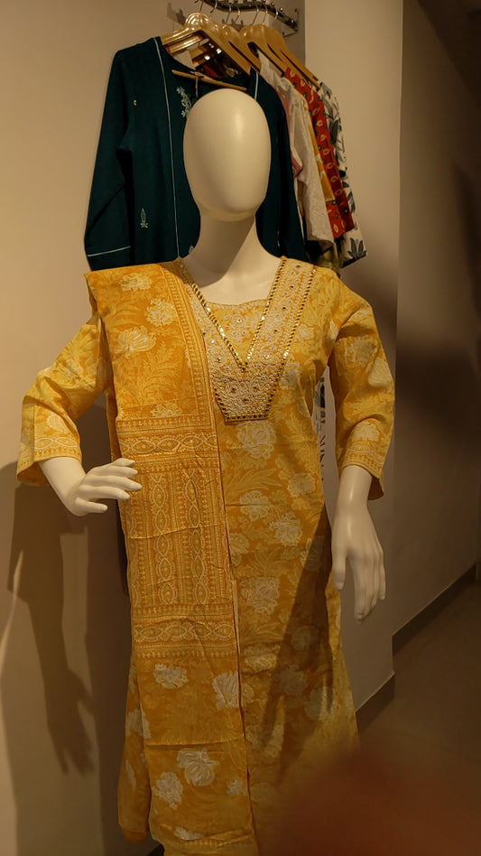Yellow Cotton Kurti Pant Set with Dupatta | Floral Print | Sanskriti