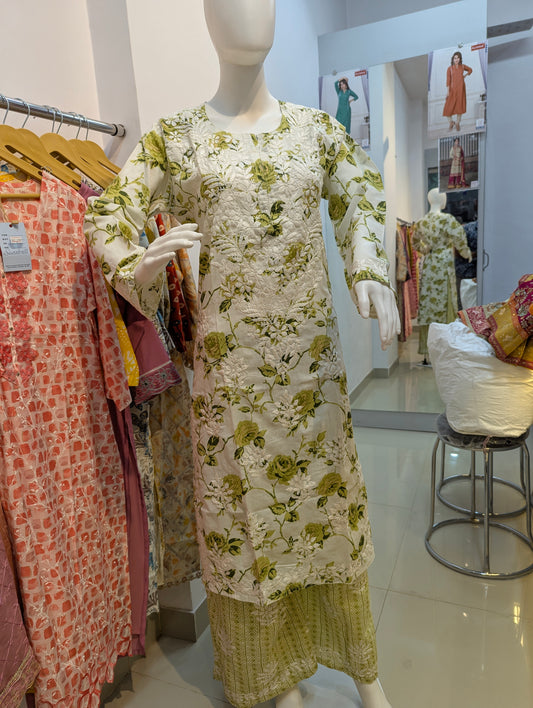 Elegant Green Floral Lakhnavi Kurti Set with embroidery for women

