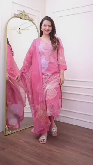 Full view of Pink Shifli Linen embroidered suit set with digital printed dupatta