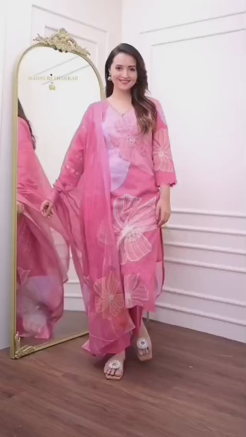 Full view of Pink Shifli Linen embroidered suit set with digital printed dupatta