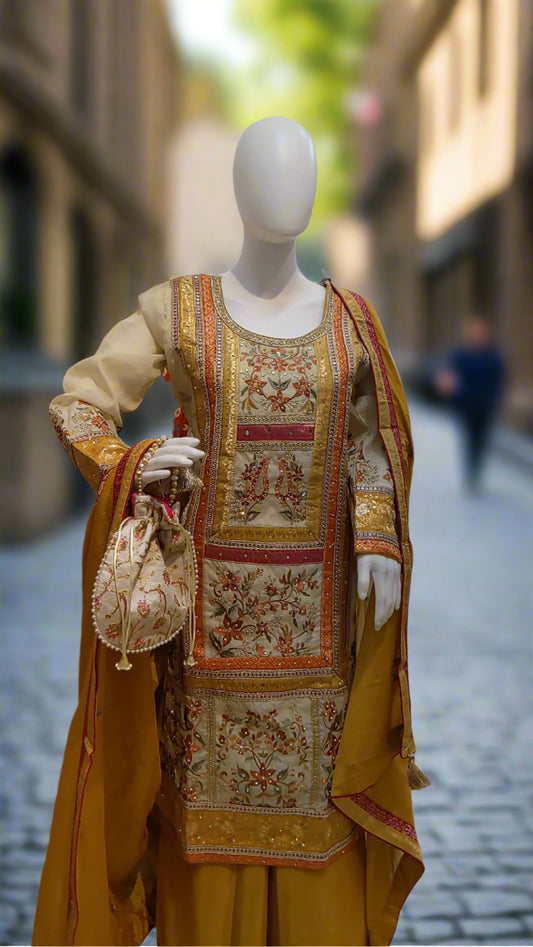 Sayuri designer embroidered cream and maroon suit set with floral threadwork, plazo pant, and dupatta